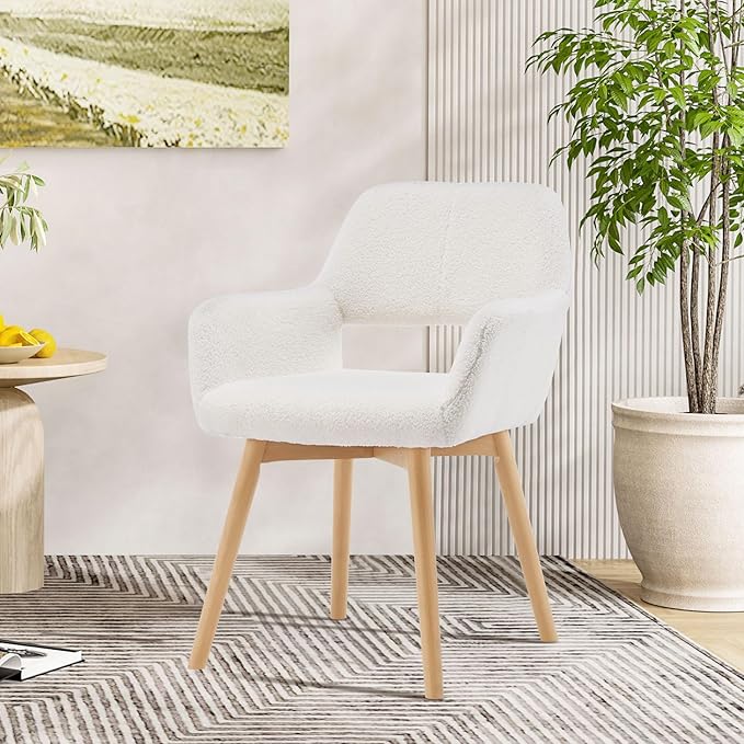Desk Chair No Wheels Vanity Chair Makeup Chair Comfy Accent Chair for Living Dining Room Bedroom Home Office Mid Century Modern Upholstered Armchair Sofa with Wood Legs (Wool White 1)