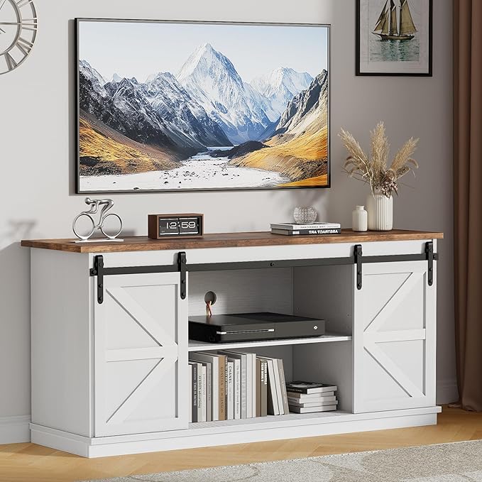 JUMMICO TV Stand with 4 Drawers for 65 Inch TV Farmhouse Entertainment Center with Storage and Sliding Barn Doors Rustic Media TV Console Cabinet with Shelves for Living Room Bedroom (Bright White)