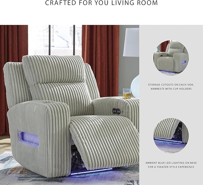 Signature Design by Ashley Broad Cove Casual LED Power Recliner with Adjustable Headrest Storage and USB Ports Light Gray