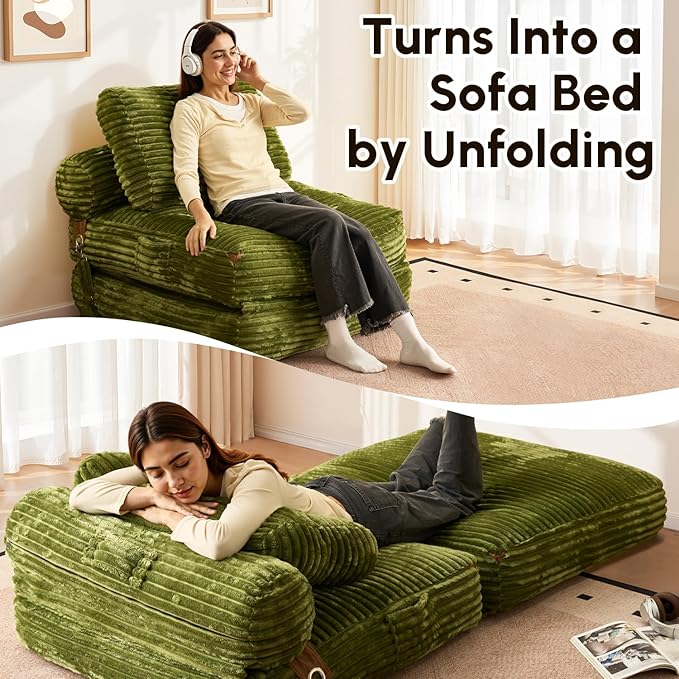 Folding Sofa Bed Convertible Sleeper Chair with Pillow Foldable Mattress Lounge Chair for Living Room Bedroom Portable Guest Bed Green