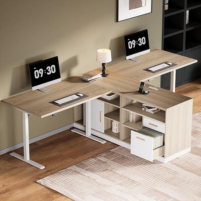 Home Office Furniture Set 114 Standing Desk with 2 File Cabinets AC/USB Extra Long Double Desk for 2 Person Electric Height Adjustable for Home and Office Light Walnut