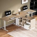 Home Office Furniture Set 114 Standing Desk with 2 File Cabinets AC/USB Extra Long Double Desk for 2 Person Electric Height Adjustable for Home and Office Light Walnut