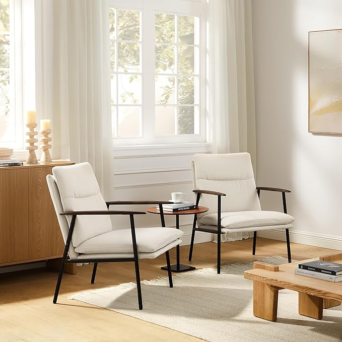 Art Leon Accent Chairs Set of 2-Fabric Side Sitting Chair Solid Accent Chair with Wood Armrests Ergonomic Reading Chair with Metal Frame for Living Room Bedroom Guest Room Beige