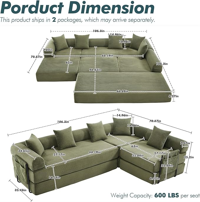 10-in-1 Folding Convertible Sofa Bed 141 Inch Boneless Couch with Fixed-Shape Frame Corduroy Modular Sectional Sofa Mattress Sleeper Sofa Floor Sofa Futon Couch for Living Room (Green)
