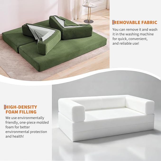 Convertible Sleeper Sofa Bed 78.8 Floor Sofa Bed 5-in-1 Folding Mattress Couch Loveseat with Fixed-Shape Frame Pillow Corduroy Fabric for Living Room Bedroom Lounge Green
