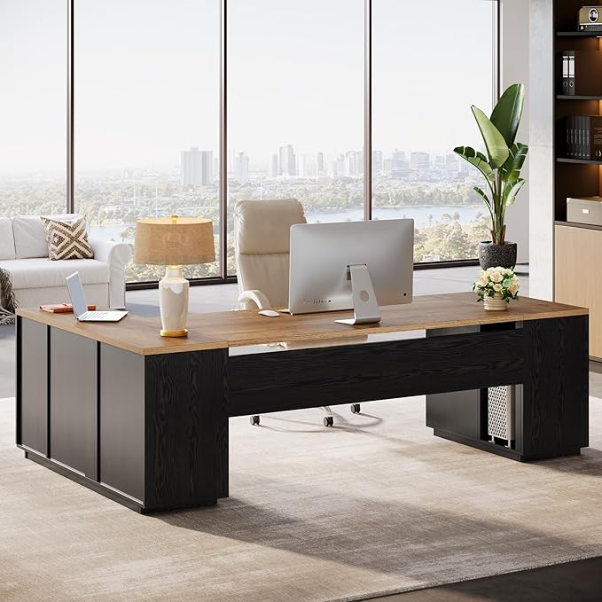 Tribesigns 85.8-Inch L-Shaped Executive Desk with File Drawers Door Cabinet &amp Shelves Extra Large Commercial Office Desk Modern Professional Office Table Business Furniture Natural &amp Blac