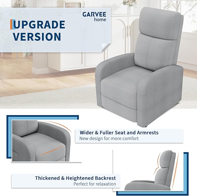 Premium Linen Manual Recliner Chair - High Backrest &amp Thick Cushion for Superior Comfort Adjustable Push Back Recliner with Side Pocket Gray Lounge Chair for Living Room &amp Bedroom