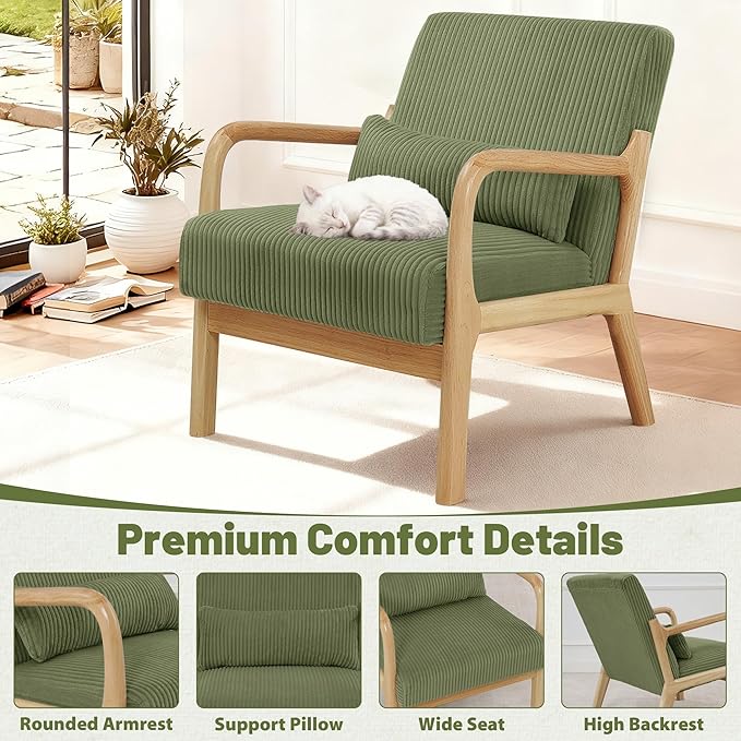 Accent Chair Set of 2 Mid-Century Modern Armchair with Waist Cushion Fabric Lounge Reading Chair with Wood Frame Comfy Sitting Seat for Living Room Bedroom Balcony up to 450lbs Green