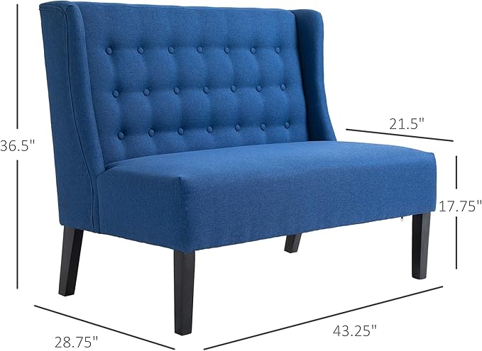 HOMCOM Wingback Double Sofa Linen Fabric Upholstery Button Tufted Loveseat Armless Couch Modern Contemporary Living Room Settee with Wood Legs Blue