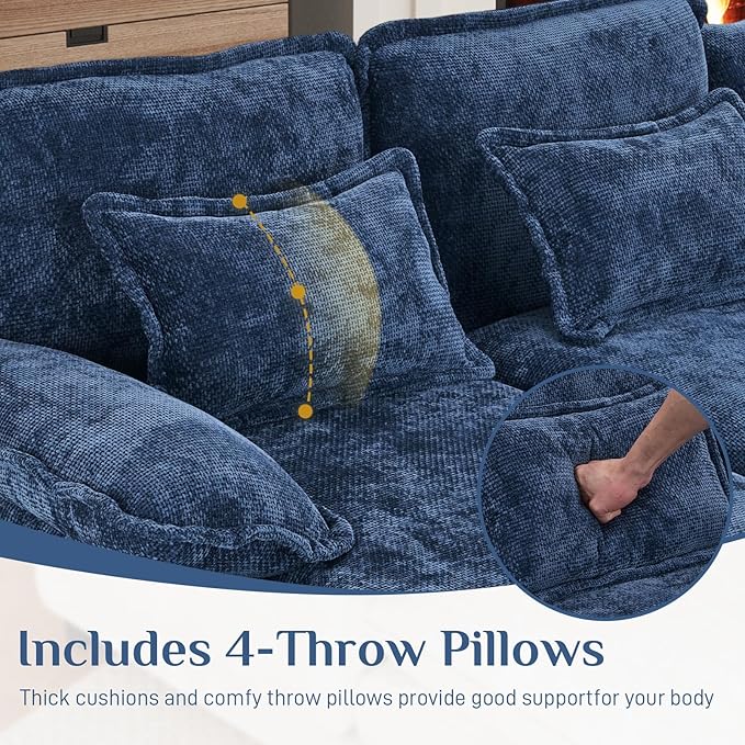 OUYESSIR U Shaped Cloud Sectional Couch 132 Fluffy Modular Sofa Set with Double Chaise Lounge Central Console &amp USB Port Comfy Chenille Big Sectional Couches for Living Room Dark Blue