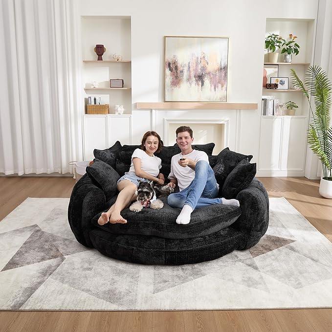 81 Round Sofa Bed Big Bean Bag Round Chaise Lounge Oversized Round Couch Boneless Reading Chair Plush Fluffy Chenille Large Chaise Chair for Living Room Bedroom Apartment Black