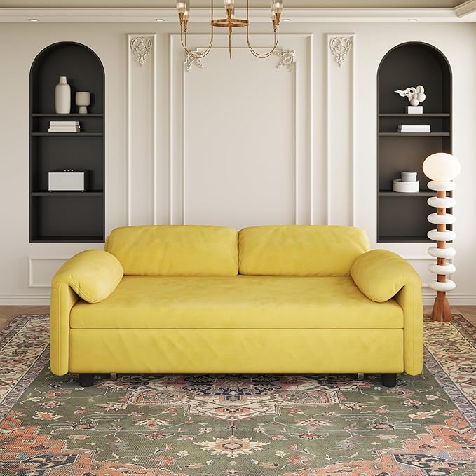 KEIKI Velvet 3 in 1 Convertible Full Sofa Bed with Pull-Out Sleeper Adjustable Backrest Side Pockets &amp Recliner Function Space-Saving Sofa for Small Rooms Yellow