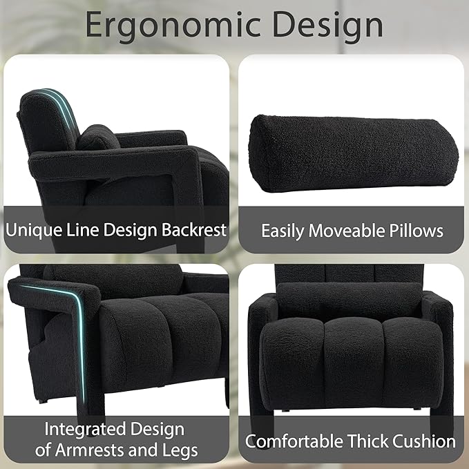 LOULENS Sherpa Accent Chair for Living Room Modern Upholstered Armchair with Thick Cushion and Pillow Comfy Teddy Chair for Bedroom Apartment Waiting Room Black