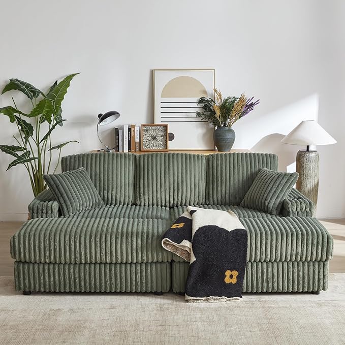 84 Cloud Sectional Couch Plush Corduroy Sofa with 2 Ottoman 2storage Spaces and Cup-Holding 3-Seat Memory Foam Cloud Couch sectional couches for Living Room Apartment (Army Green)