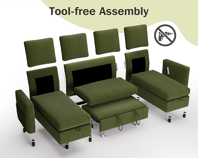 Vipbear 104 Sectional Sleeper Sofa Bed with Pull Out Bed U Shaped Couch Pull Out Couch with Reclining Backrest Reversible Storage Chaise USB Ports Tool-Free Assembly Corduroy Green