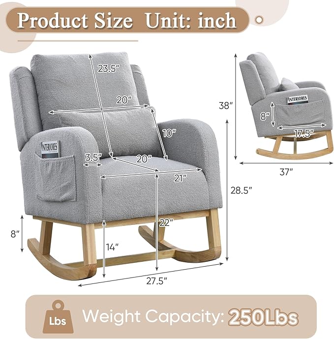 Rocking Glider Chair for Nursery Wingback Accent Rocker Chair Upholstered Tall Back Arm Chair w/Side Pockets Modern Leisure Single Sofa for Living Room Hotel Bedroom Baby Room Grey