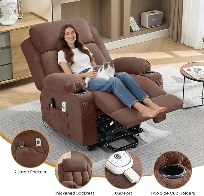 Power Lift Recliner Chair for Elderly with Vibration Massage and Lumbar Heating Electric Oversized Single Sofa with Cup Holder and USB Charge Port for Living Room