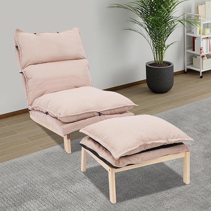 Single Lazy Leisure Chair Adjustable Recliner Balcony Reclining Japanese Tatami Chair with Ottoman Floor Seating Lounge Chair with Backrest and Footrest Upholstered Chair for Living Bedroom (Beige)