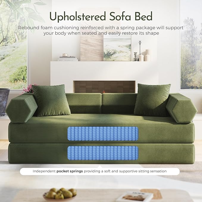79'' Convertible Sofa Bed 5-in-1 Folding Sleeper Couch with Pull Out Bed Corduroy Modular Floor Sofa No Assembly Space Saving Guest Bed for Living Room Apartment Bedroom (Dark Green1) | Convertible