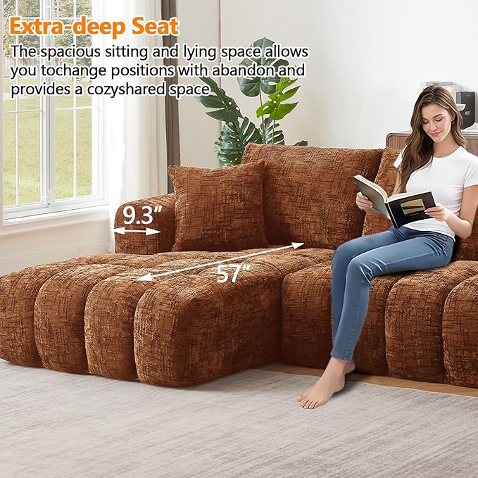 Luxury 108 L Shape Boneless Couches for Living Room Chenille Modular Sectional Cloud Sofa Couch W/Deep Seat &amp Pillows Memory Foam Couch W/Oversized Chaise (Orange Left Facing Chaise)