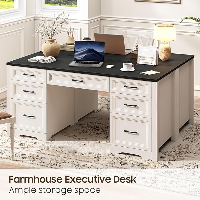 Vabches Farmhouse Executive Desk Wood Home Office Desk with 2 Large File Drawers and 5 Storage Cabinets Rustic Writing Desk for Work and Study Black