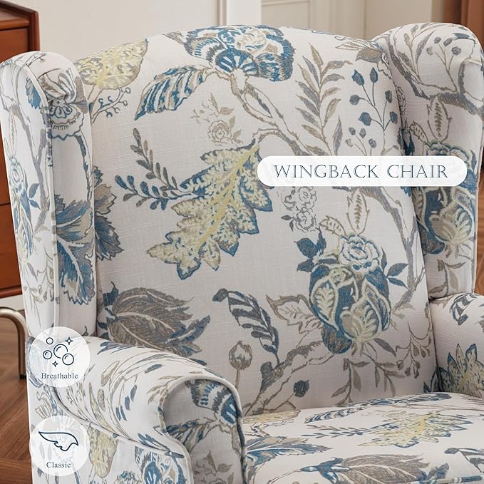 MELLCOM Floral Accent Chair High Back Upholstered Armchair with Solid Legs Leisure Single Sofa Chair for Living Room Bedroom Home Office Blue Floral