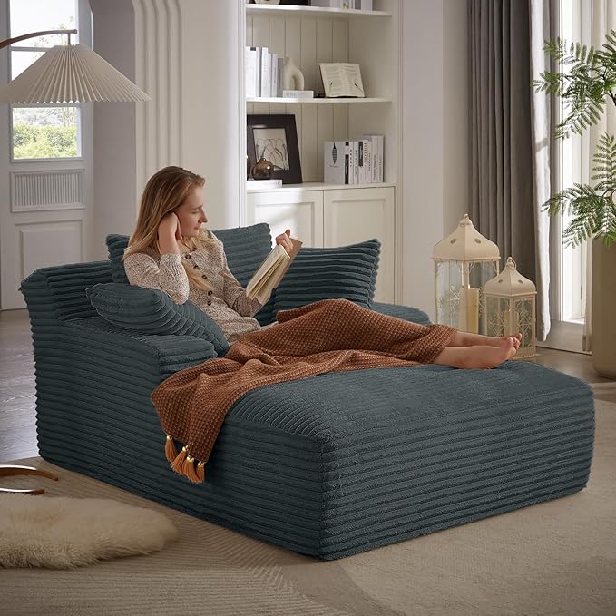 67 Inch Chaise Lounge Chair Indoor Oversized Corduroy Upholstered Boneless Sofa Bed Deep Seat Sleeper Couch Reading Chairs Cloud Sofas Couches for Living Room No Assembly Required (Dark Grey)