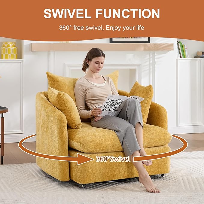 360 Degree Swivel Accent Chair Oversized 37.8 inch Extra Wide Barrel Swivel Chairs with Deep Seat for Living Room Club Reading Bedrooms Yellow