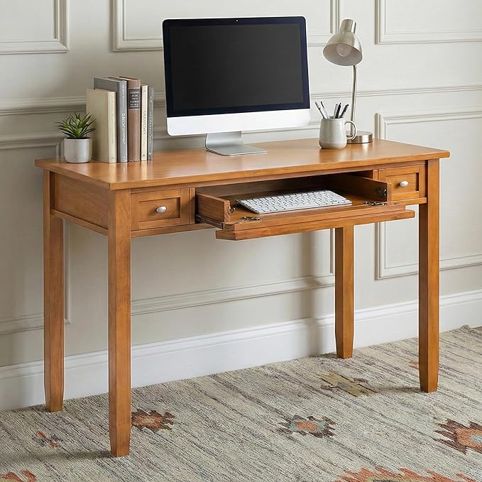 SIMPLIHOME Warm Shaker Desk - 48 Inch Wide Solid Wood Writing Desk in Light Golden Brown Transitional Home Office Computer Table for Workspace or Study with Flip-Down Keyboard Tray and 2 Drawers