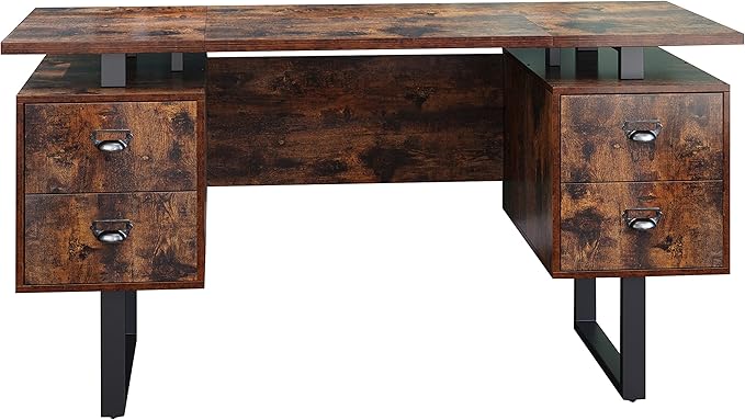 MODERION Computer Desk for Home Office with 4 Large Drawers Rustic Wood Writing Study Table with Metal Frame 59” x 21.7” x 29.5” Easy Assembly Vintage CTSZ20401RC