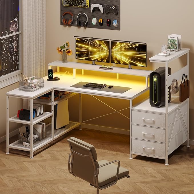 L Shaped Gaming Desk with Drawers &amp Storage Shelves Corner Gaming Desk with Power Outlets &amp LED Light Reversible Computer Desk with Monitor Stand &amp Hooks White
