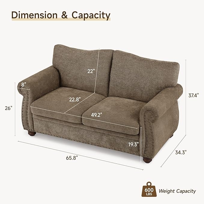 ONBRILL Nailhead Sofa 66 Inch Small Couch with Rolled Arms Chenille Fabric Loveseat w/Springs Seat Cushion Vintage Curved Back Turned Wood Legs Comfy Couch for Living Room Farmhouse Brown