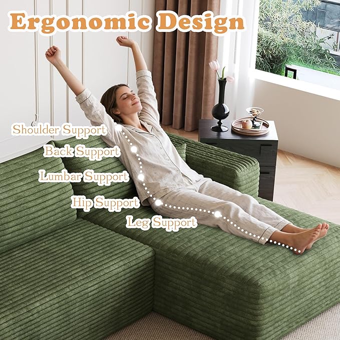94 U-Shaped Cloud Sectional Couch Comfy Corduroy Boneless Couches with Deep Seat Fluffy Modular Sectional Sofa for Living Room No Assembly (Green 94 2S+Right Facing Chaise+2 Ottoman)