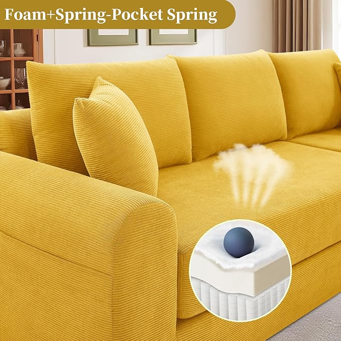 KBQ Modular Sectional Couch in a Box 103 L Shaped Boneless Cloud Couch with Deep Seat Convertible Sofa Bed for Living Room Bedroom Apartments No Assembly Required Yellow Right Facing Chaise