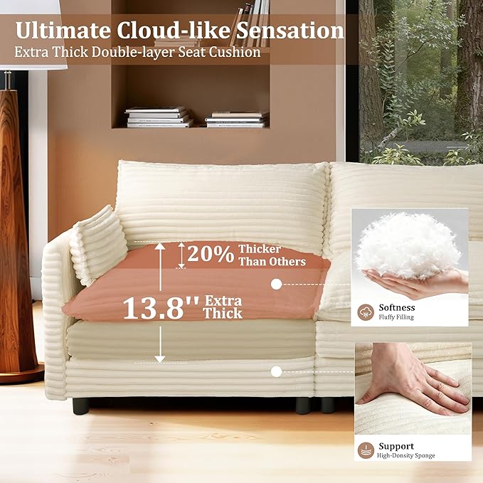 115'' Modular Sectional Sofa Comfy Cloud Couch with Movable Ottoman Deep Seat Corduroy Modular Sofa Sectional Couches for Living Room Bedroom and Apartment Beige