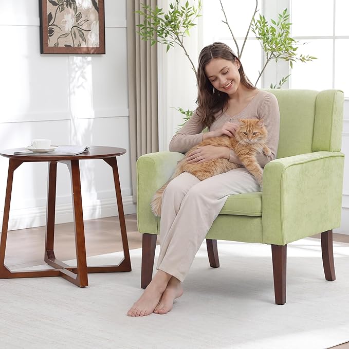 Accent Chairs for Living Room Mid-Century Reading Chair with Wood Legs Upholstered Comfy Living Room Chair for Bedroom Apartment Waiting Room Green