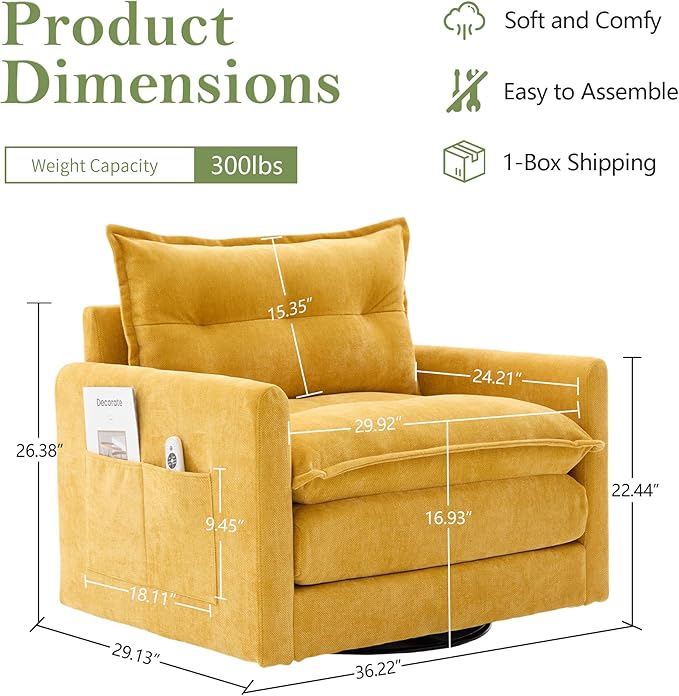 cinkehome Oversized Swivel Chair 36 Swivel Armchair Accent Chair for Living Room Mid Century Modern Thick Padded Arm Chairs Memory Foam Chenille Mustard Yellow