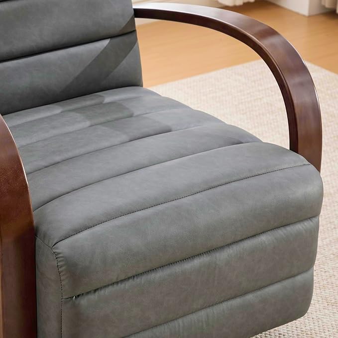 KEIKI 360° Swivel Armchair 30.3 W Upholstered Accent Chair with Solid Wood Arms Comfy PU Lounge Single Sofa Chair for Living Room Bedroom Reading Nook Gray
