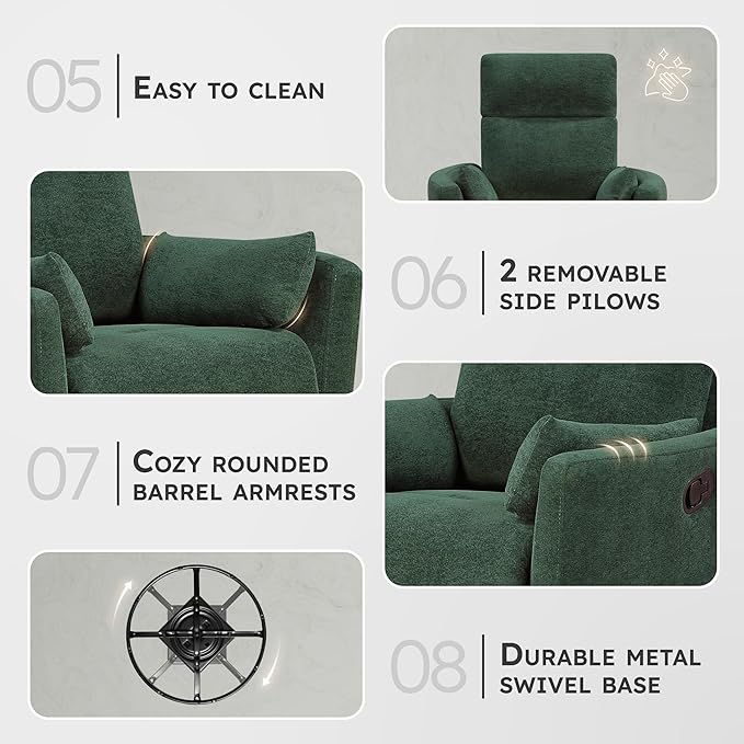 Lexicon Modern Swivel Glider Recliner Chair - Quiet 360 Swivel Chair Durable Microfiber Upholstered 2 Pillows Manual Reclining for Living Room Small Spaces Nursery Apartment Bedroom Green