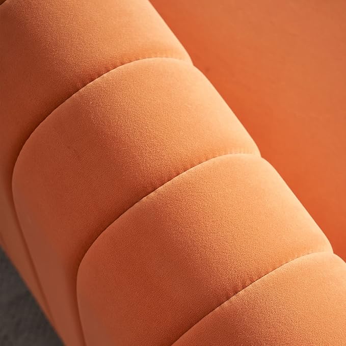 KEIKI 84 Velvet Deep Channel Tufted Sofa with Back Cushions and Rolled Arms Modern Style 3-Seater Couch with Golden Polished Steel Legs Easy Assembly for Living Room Bedroom Office Orange