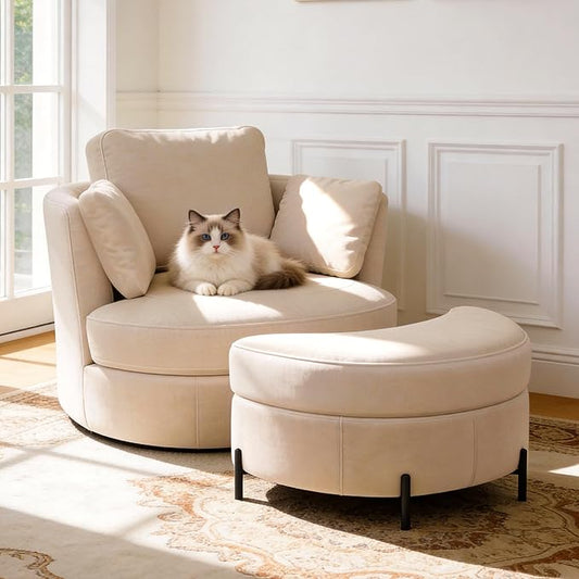 Aoiy &amp Wifon 40.5'' W Swivel Accent Chair with Storage Ottoman Round Arm Barrel Chair with 3 Pillows for Living Room/Bedroom/Apartment Beige