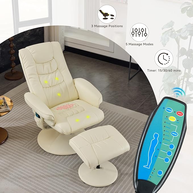 Ergonomic Recliner Chair with Ottoman for Adults 360° Swivel Massage Lounge Chair with 5-Point Vibration &amp Heated Seat140° Adjustable PU Leather Recliner for Living Room Office (Beige+PU)