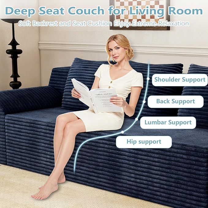 71Cloud Loveseat SofaModern 2-Seater Boneless Couch with 3 Pillows &amp Side PocketSoft Corduroy Love seatCompressed FoamDeep SeatNo Assembly for Living RoomBedroomApartment(Tilted ArmrestBl