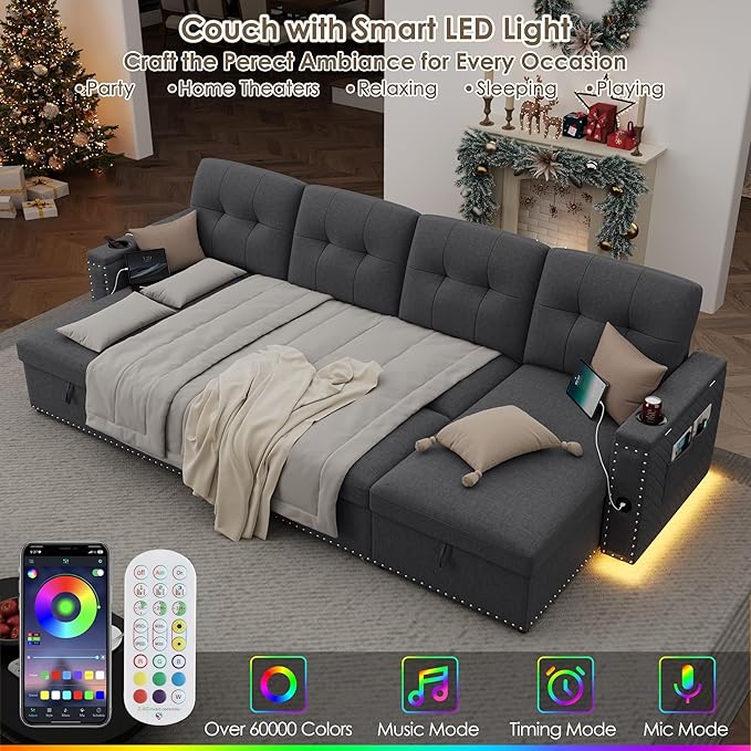 HIFIT 106 Sectional Couches for Living Room- Pull Out Sleeper Sofa Couch w/Storage ChaiseStorage ArmrestLED Light&ampUSB Port&ampCupholder Modern Linen U Shaped Home Sofa Living Room Furniture S