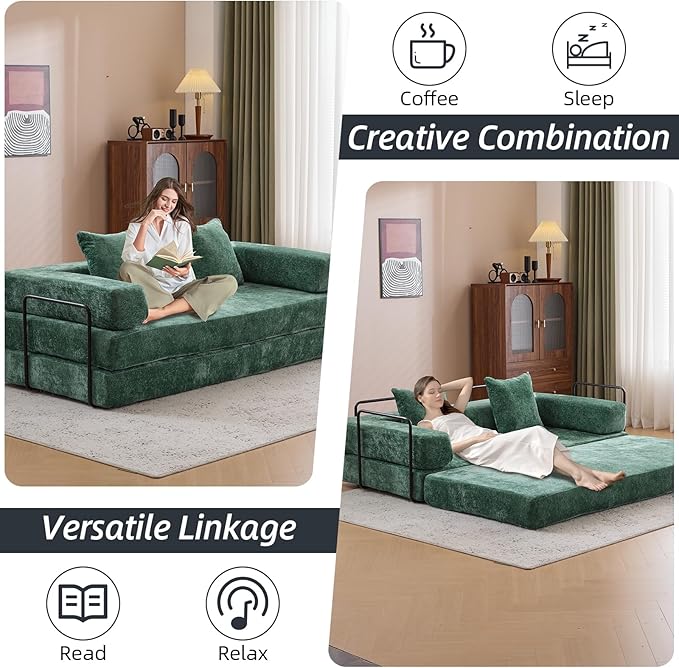 Folding Sofa Bed Convertible Sleeper Sofa Chenille Floor Couch with Pillows Fold Out Couch King Size Bed Futon Foldable Memory Foam Mattress for Living Room Bedroom Playroom (Green)