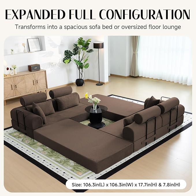 106 L-Shaped Modular Boneless Couch 2-Piece System (2×70.87) Convertible Sectional to 141.7 Straight Sofa Corduroy Couch in a Box Headrest &amp Back Pillows for Living RoomBrown