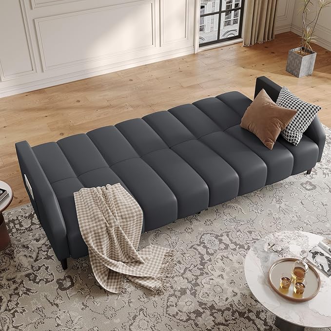 Fadware Faux Leather Couch Convertible Futon Sofa Bed with Adjustable Backrest Mid Century Leather Sofa Loveseat with Side Pockets&amp Metal Leg Modern Leather Sleeper Sofa for Living Room Bedroom