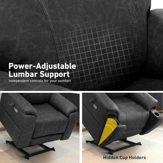 EONIX Triple Motor Lay Flat Power Lift Recliner Chair for Elderly 400lbs Electirc Lift Chair for Living Room Independent Adjustable Lumbar Extended Footrest Hidden Cup Holders Charcoal Black