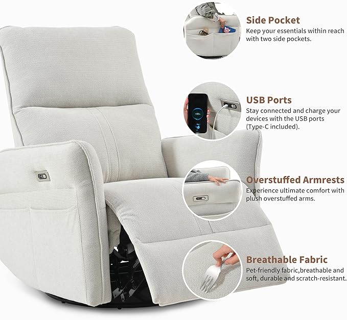 270° Power Swivel Rocker Recliner Chair for Adults – Electric Reclining Small Sofa Chair with Smooth Rocking &amp Rotation Comfortable Single Recliner for Living Room Bedroom (Light Gray)