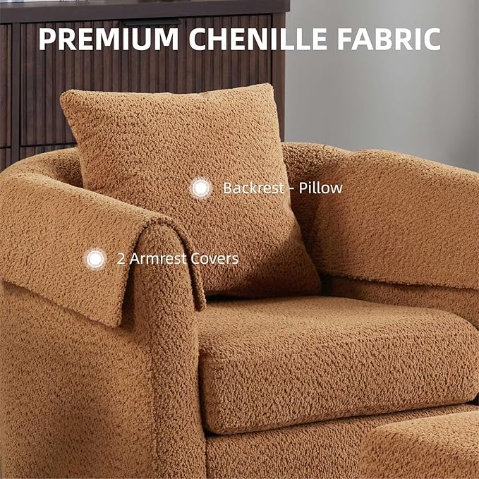 Swivel Accent Chair with Ottoman Modern Chenille Comfortable Bucket Chair with Removable Pillow Small Couch Barrel Armchair for Small Spaces Living Room Bedroom Office (Yellow)